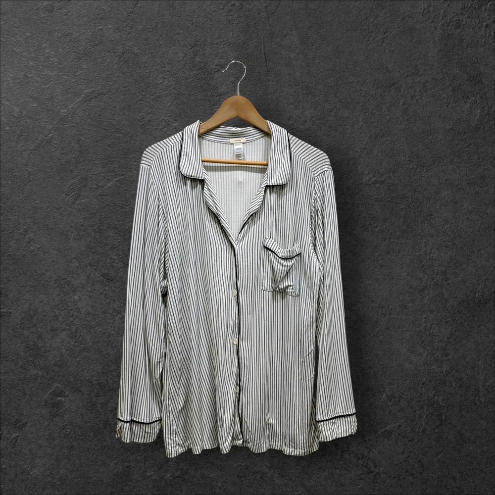 Eberjey Gisele Striped Long Sleeve Pajama Top White Navy Blue Large L Button Up